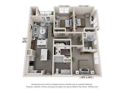 Floor plan for 3 beds, 2 baths, 1315 sqft